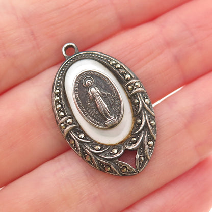 925 Sterling Silver Antique Art Deco Real MOP & Marcasite St. Mary Charm Pendant