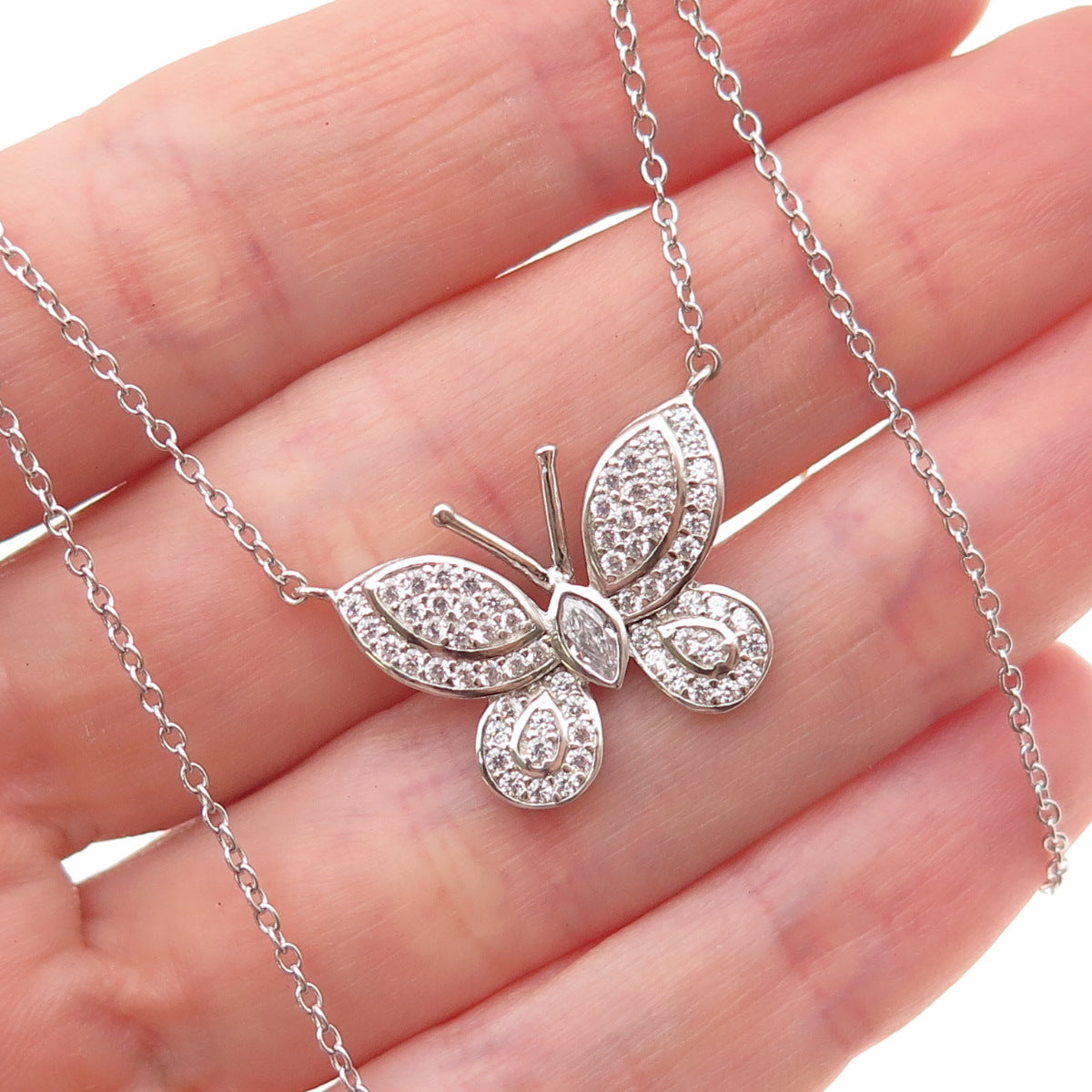 925 Sterling Round & Marquise-Cut C Z Butterfly Cable Chain Necklace 16-18"
