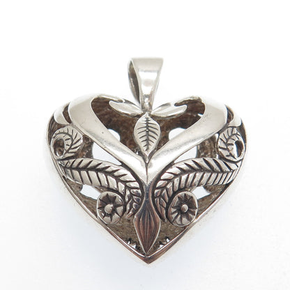 MORNING SUN 925 Sterling Silver Vintage Ornate Flower Heart Pendant
