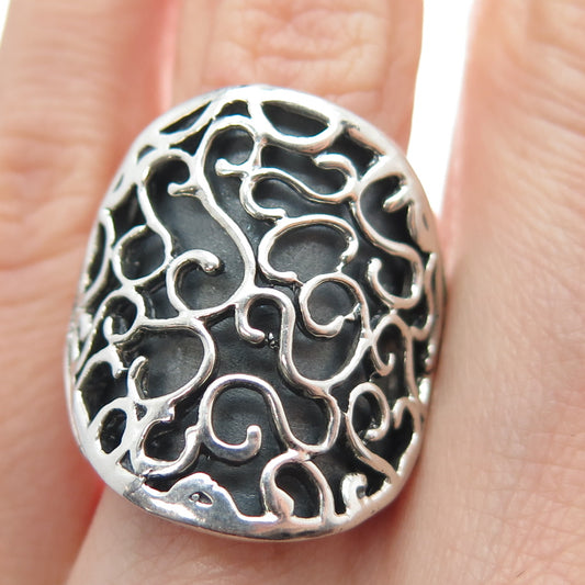950 Silver Vintage Ornate Floral Oxidized Ring Size 6.75