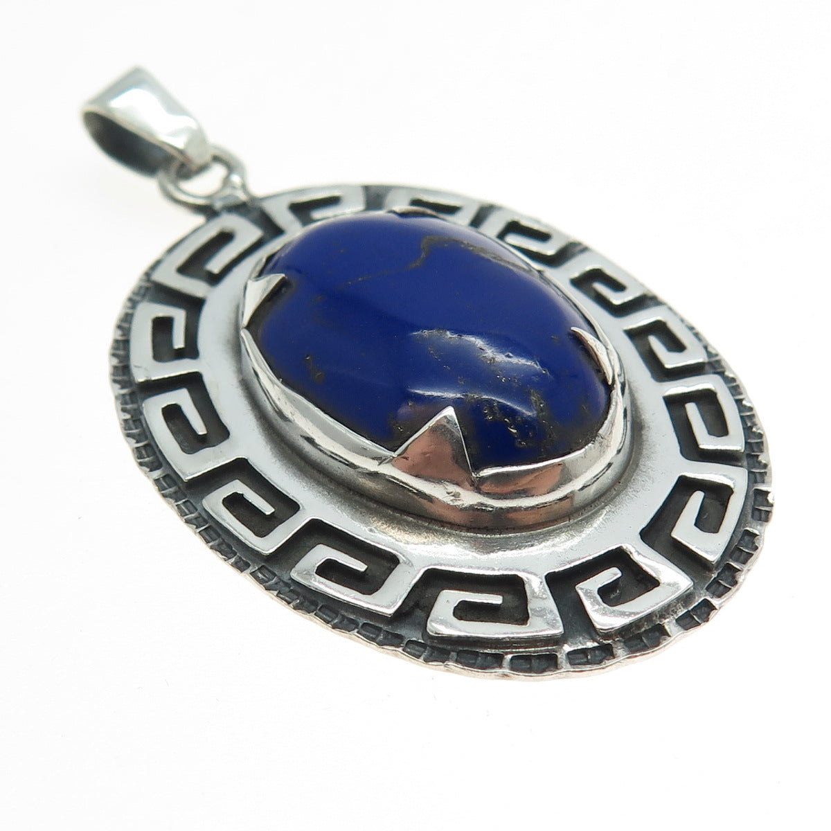 925 Sterling Silver Vintage Real Lapis Lazuli Gemstone Greek Maze Pendant