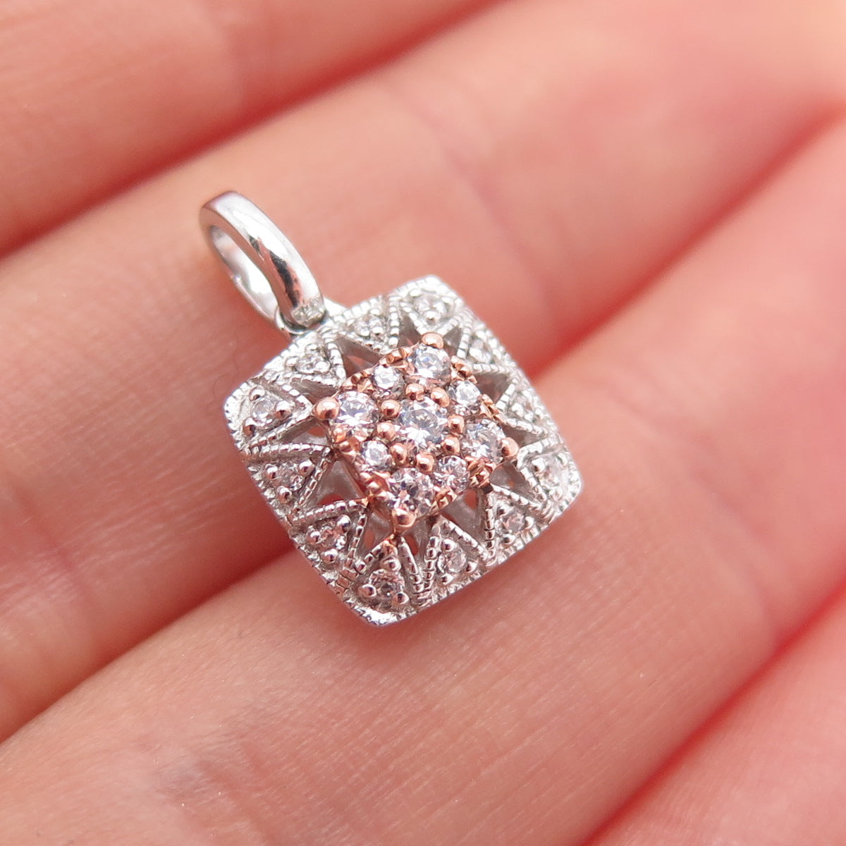 SAI 925 Sterling Silver 2-Tone Round-Cut C Z Mini Charm Pendant