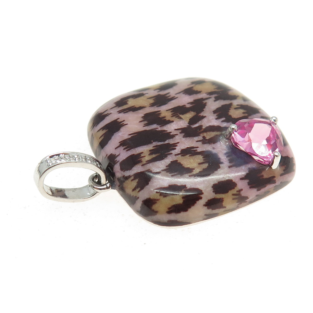 925 Sterling Silver Enamel Real Diamond Lab-Created Pink Sapphire Heart Pendant