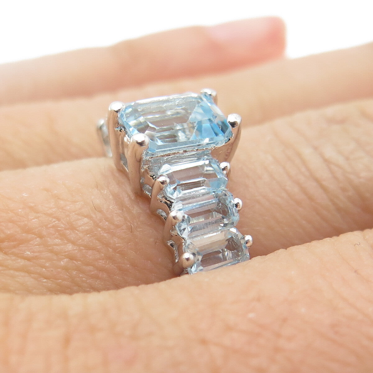 DSMK 925 Sterling Silver Real Emerald-Cut Blue Topaz Gem Ring Size 7.25
