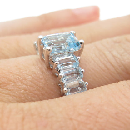 DSMK 925 Sterling Silver Real Emerald-Cut Blue Topaz Gem Ring Size 7.25