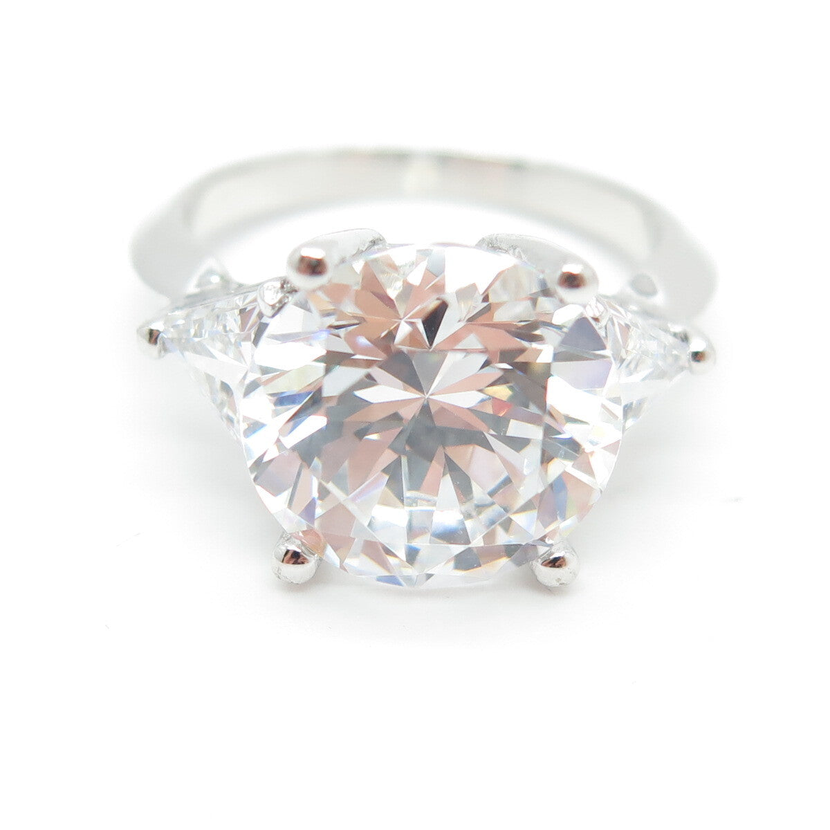 925 Sterling Silver Round & Triangle-Cut Shaped C Z Ring Size 7