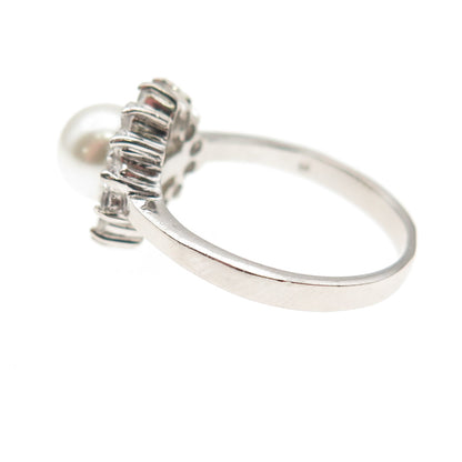 925 Sterling Silver Vintage Faux Pearl & Round-Cut C Z Ring Size 6.75