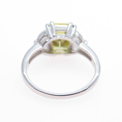 925 Sterling Silver Emerald-Cut Canary & White C Z Ring Size 9