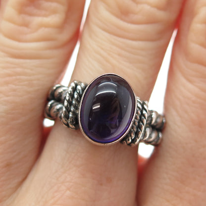 925 Sterling Silver Vintage Real Cabochon Amethyst Oxidized Ring Size 6.5