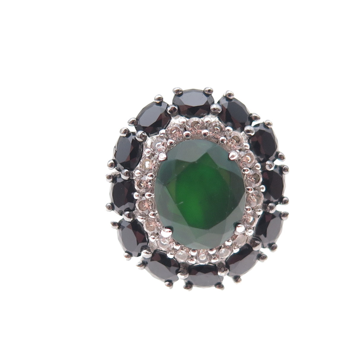 925 Sterling Silver Real Green Onyx Black Spinel & White Topaz Ring Size 6.5