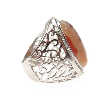 Ken Crafts 925 Sterling Silver Real Agate Floral Scroll Ring Size 7.25