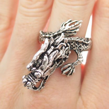 925 Sterling Silver Vintage Dragon Movable Head Oxidized Adjustable Ring Size 10
