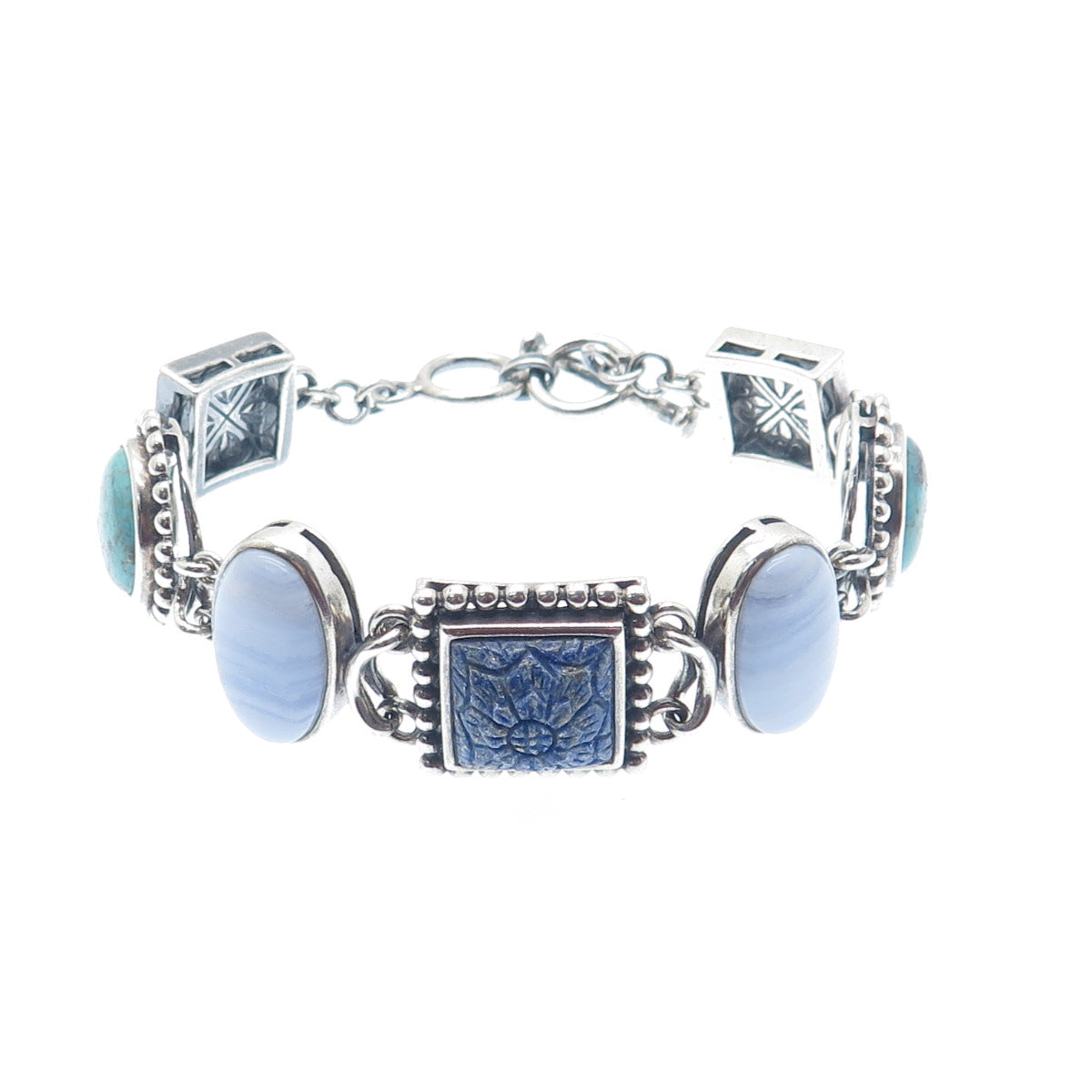 WHITNEY KELLY 925 Sterling Vintage Real Agate Lapis Turquoise MOP Bracelet 7.5"