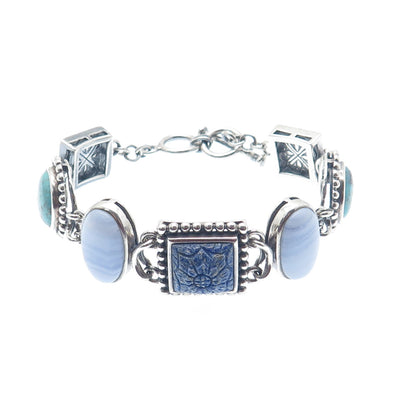 WHITNEY KELLY 925 Sterling Vintage Real Agate Lapis Turquoise MOP Bracelet 7.5"