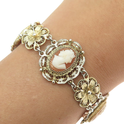 800 Silver 2-Tone Antique Cameo Victorian Lady Filigree Floral Bracelet 7.25"