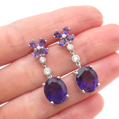 925 Sterling Silver Vintage Real Amethyst & C Z Dangle Earrings