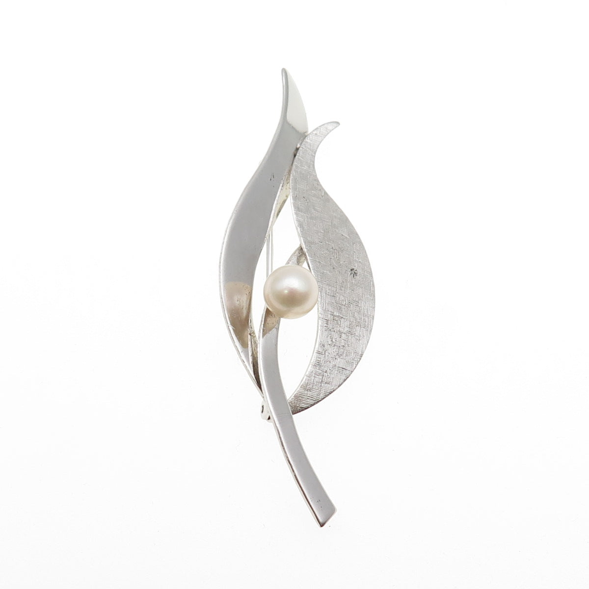 Van Dell 925 Sterling Silver Vintage Real Pearl Modernist Flower Pin Brooch