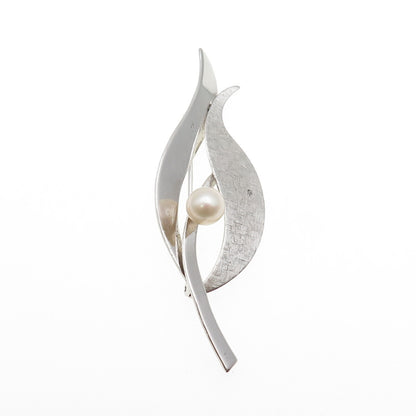 Van Dell 925 Sterling Silver Vintage Real Pearl Modernist Flower Pin Brooch
