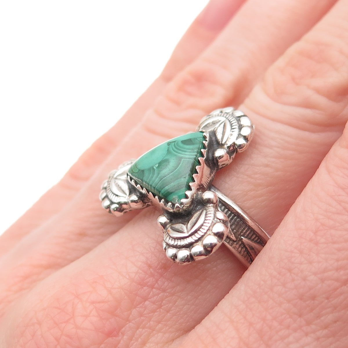 925 Sterling Silver Vintage Real Malachite Modernist Triangle Ring Size 6.75