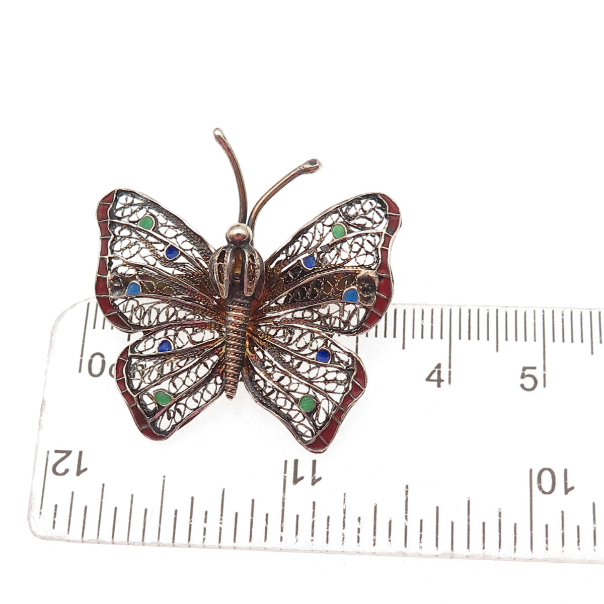 925 Sterling Silver Antique Art Deco Enamel Butterfly Filigree Pin Brooch