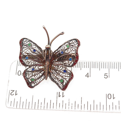925 Sterling Silver Antique Art Deco Enamel Butterfly Filigree Pin Brooch