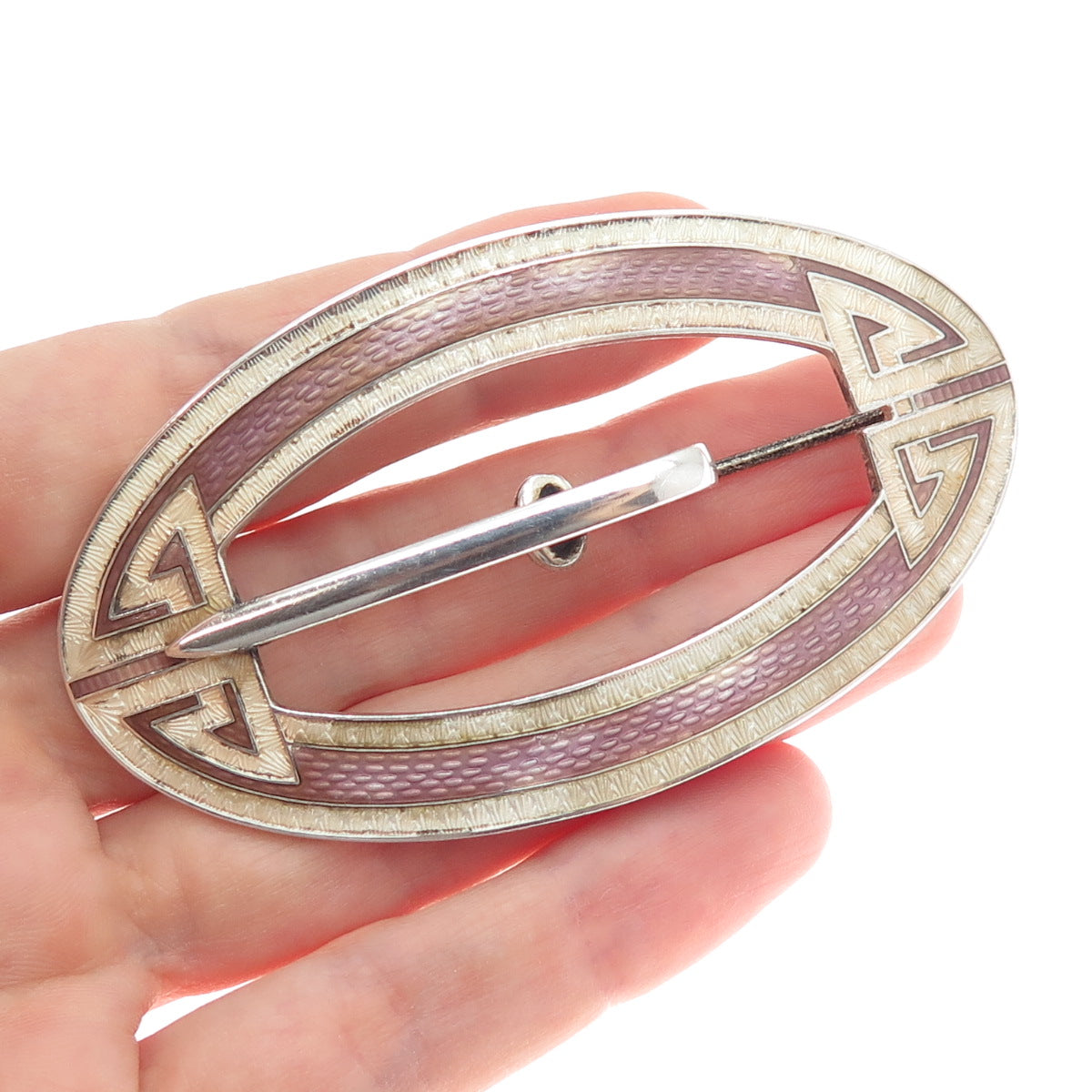 925 Sterling Silver Antique Art Deco Guilloche Enamel Belt Buckle Pin Brooch