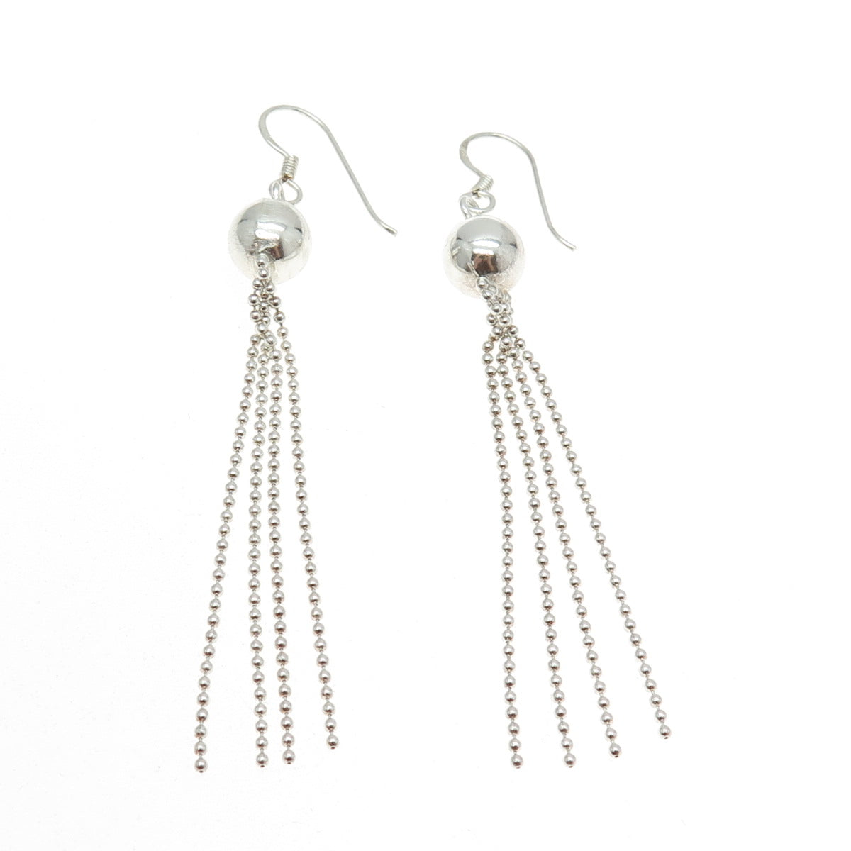 925 Sterling Silver Tassel Ball Beaded Link Chain Dangling Earrings