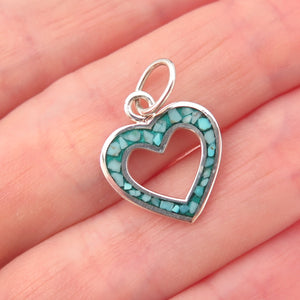 925 Sterling Silver Vintage Real Turquoise Inlay Heart Charm Pendant