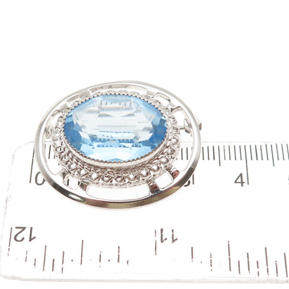 DANECRAFT 925 Sterling Silver Antique Art Deco Oval-Cut Blue Crystal Pin Brooch