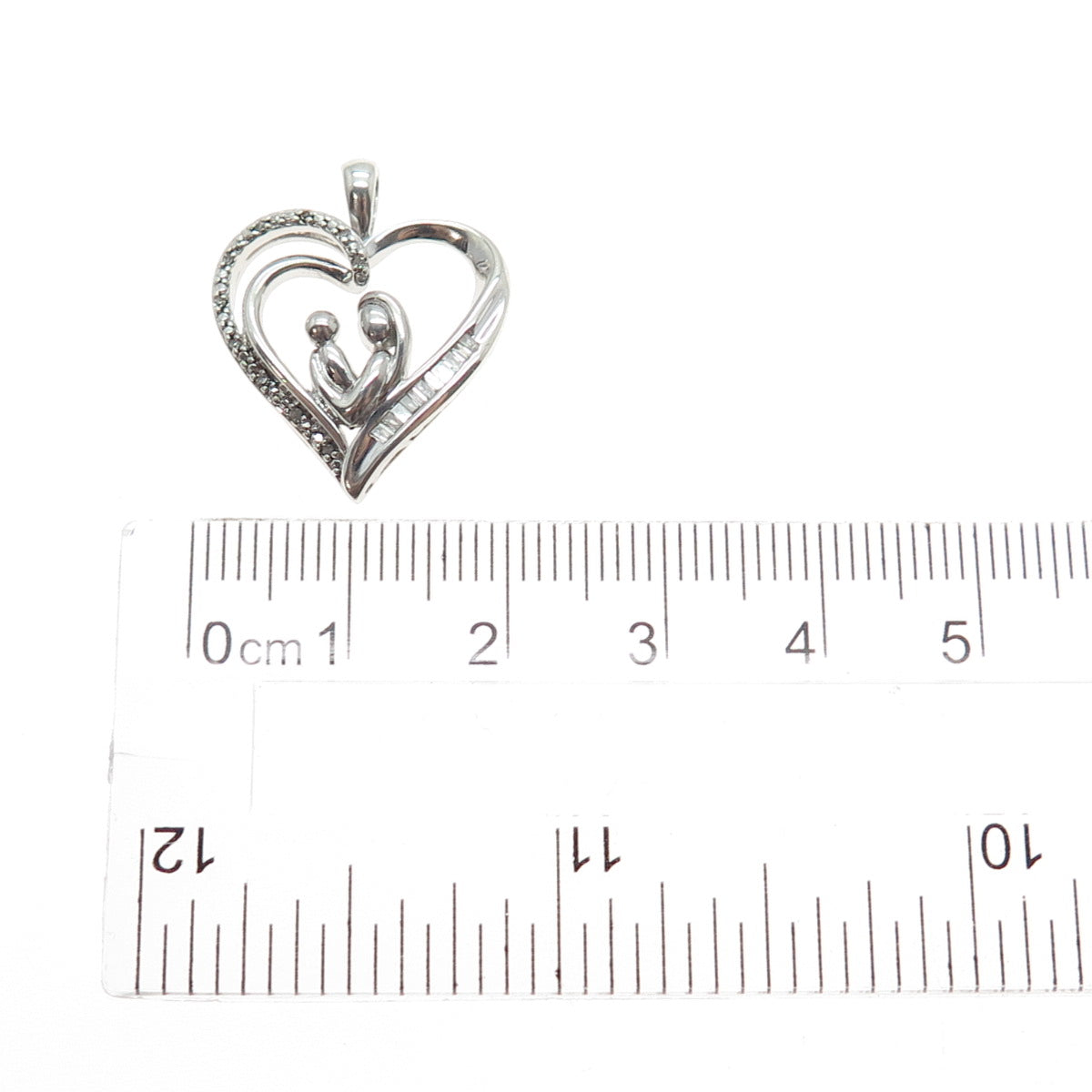 SUN 925 Sterling Silver Real Multi-Cut Diamond Mom & Child Heart Charm Pendant