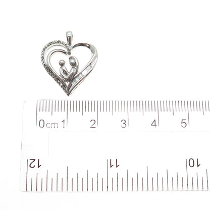 SUN 925 Sterling Silver Real Multi-Cut Diamond Mom & Child Heart Charm Pendant