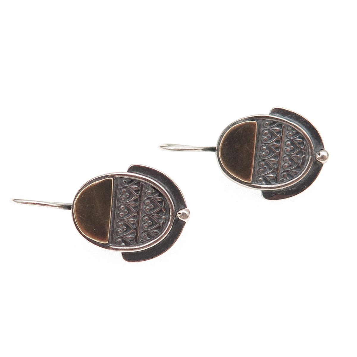 925 Sterling Silver 2-Tone Vintage Modernist Heart Ornate Oxidized Earrings