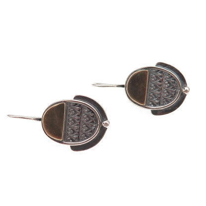925 Sterling Silver 2-Tone Vintage Modernist Heart Ornate Oxidized Earrings