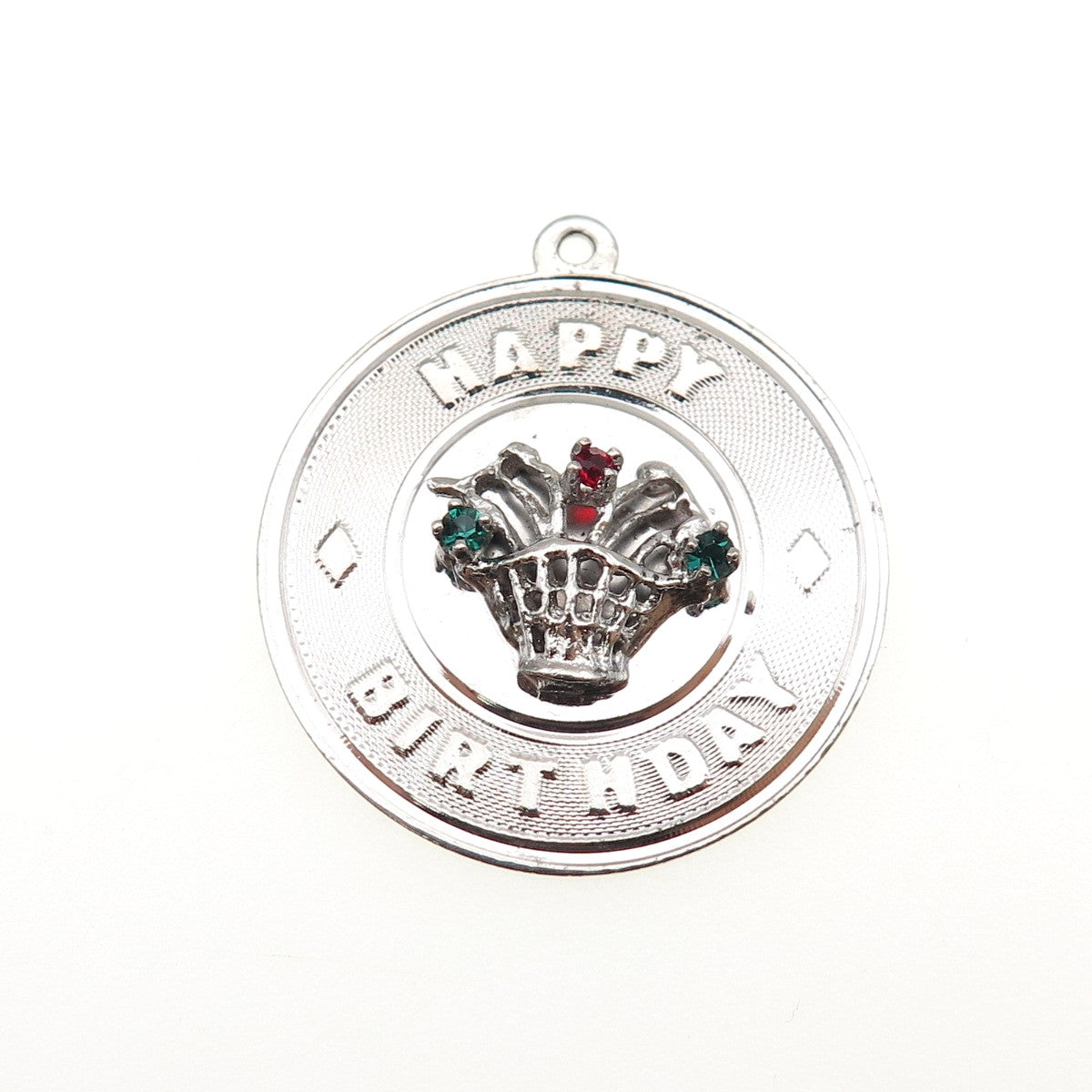 925 Sterling Silver Vintage Rhinestone Happy Birthday Charm Pendant