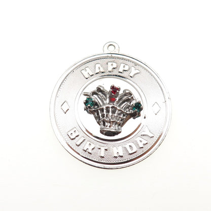 925 Sterling Silver Vintage Rhinestone Happy Birthday Charm Pendant
