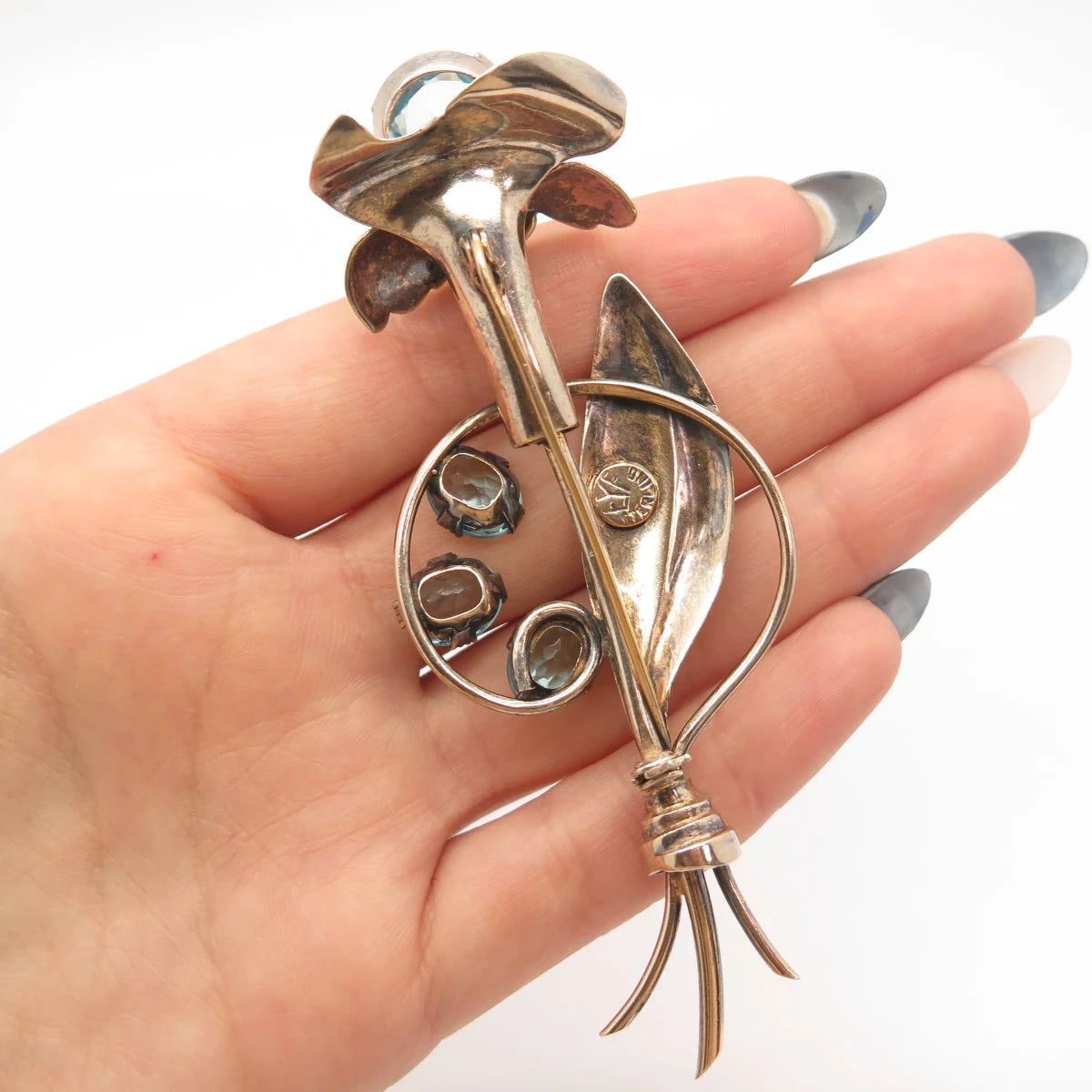 925 Sterling Silver Vintage EYF Blue Topaz-Tone Glass Floral Leaf Pin Brooch