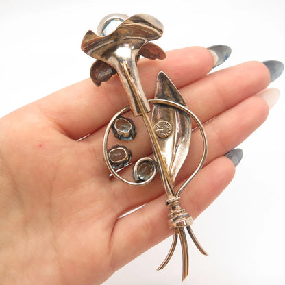 925 Sterling Silver Vintage EYF Blue Topaz-Tone Glass Floral Leaf Pin Brooch