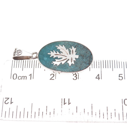 925 Sterling Silver Vintage Mexico Real Turquoise Inlay Cannabis Leaf Pendant