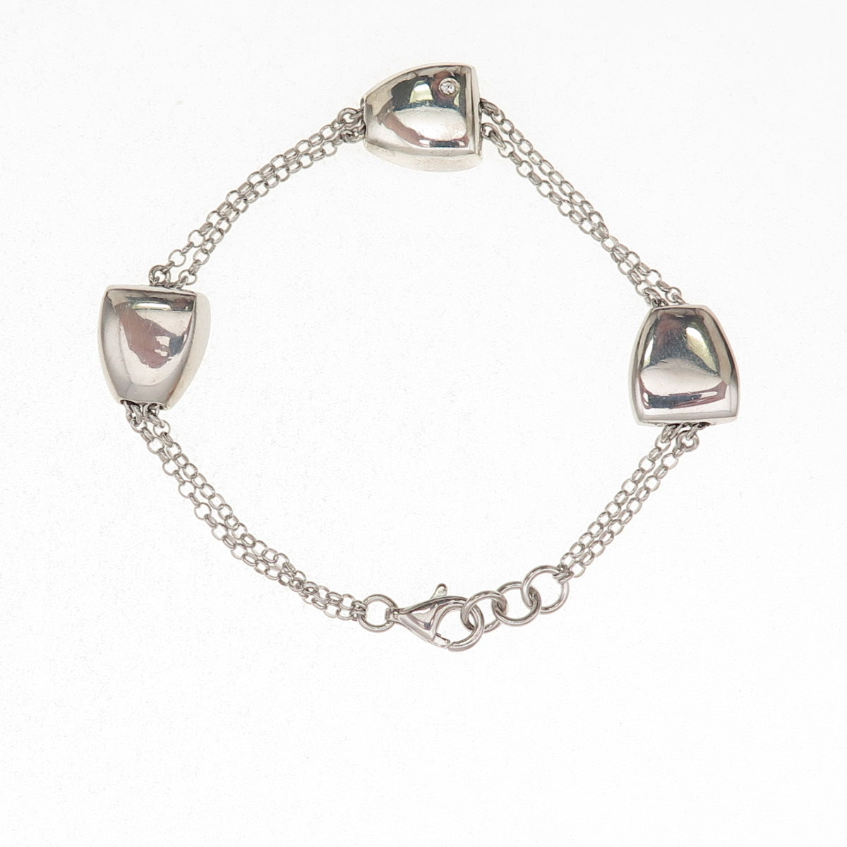 925 Sterling Silver C Z Modernist Station 2-Row Rolo Link Bracelet 6.75"
