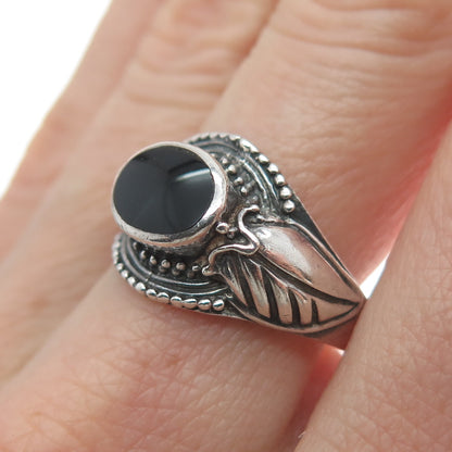 925 Sterling Silver Vintage Real Black Onyx Gemstone Leaf Ring Size 8.25