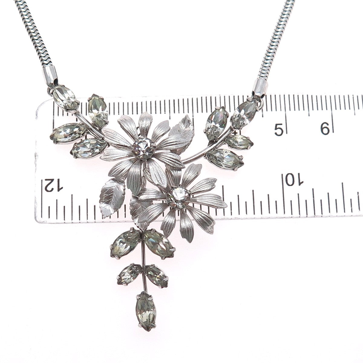 KREMENTZ 925 Sterling Silver Vintage Rhinestone Flower Snake Chain Necklace 16"