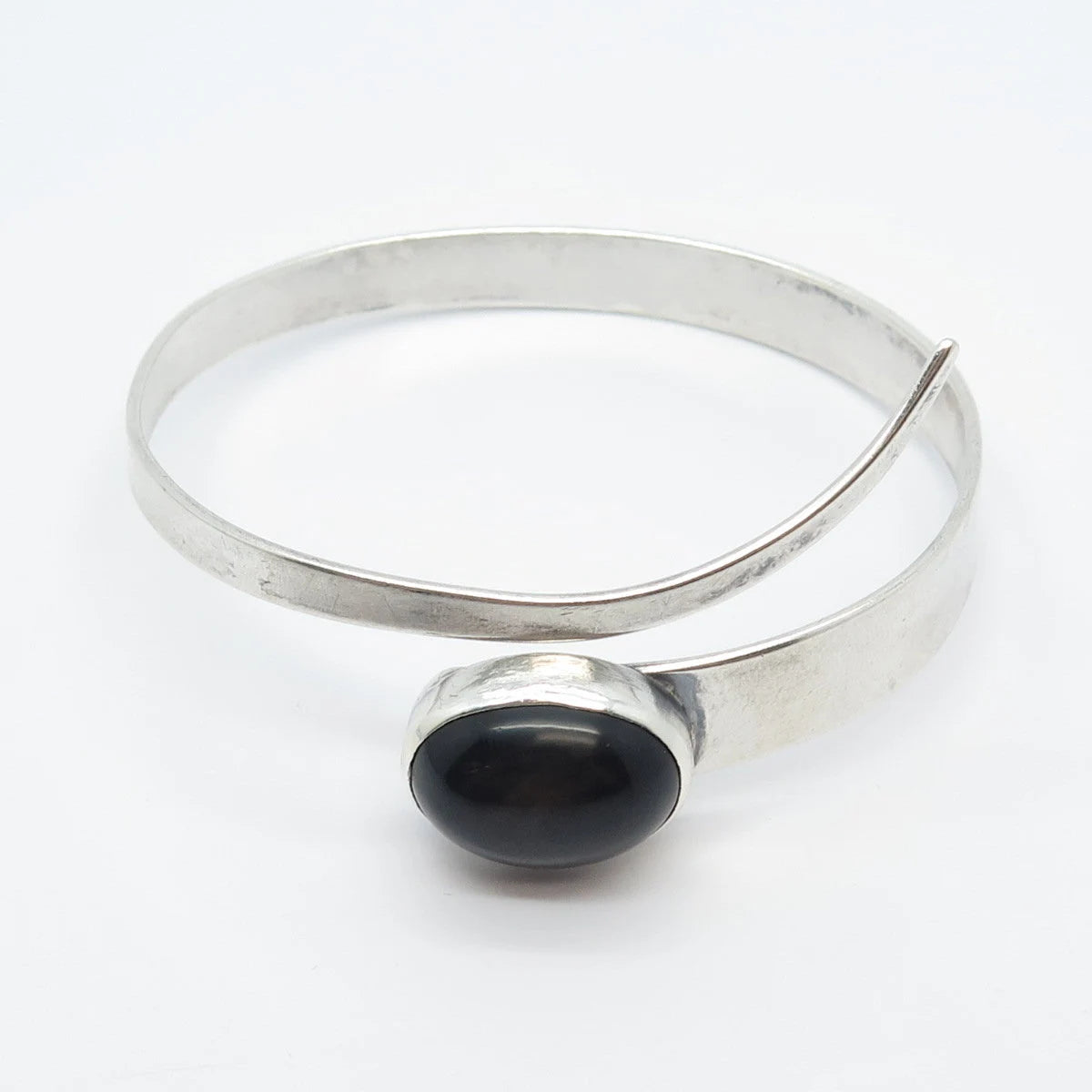 925 Sterling Silver Vintage SARA Real Black Onyx Gemstone Bangle Bracelet 7.5"