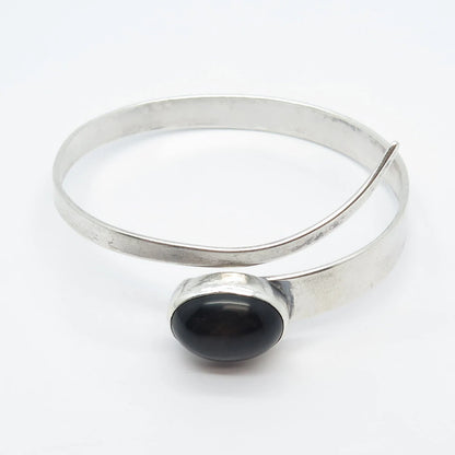 925 Sterling Silver Vintage SARA Real Black Onyx Gemstone Bangle Bracelet 7.5"