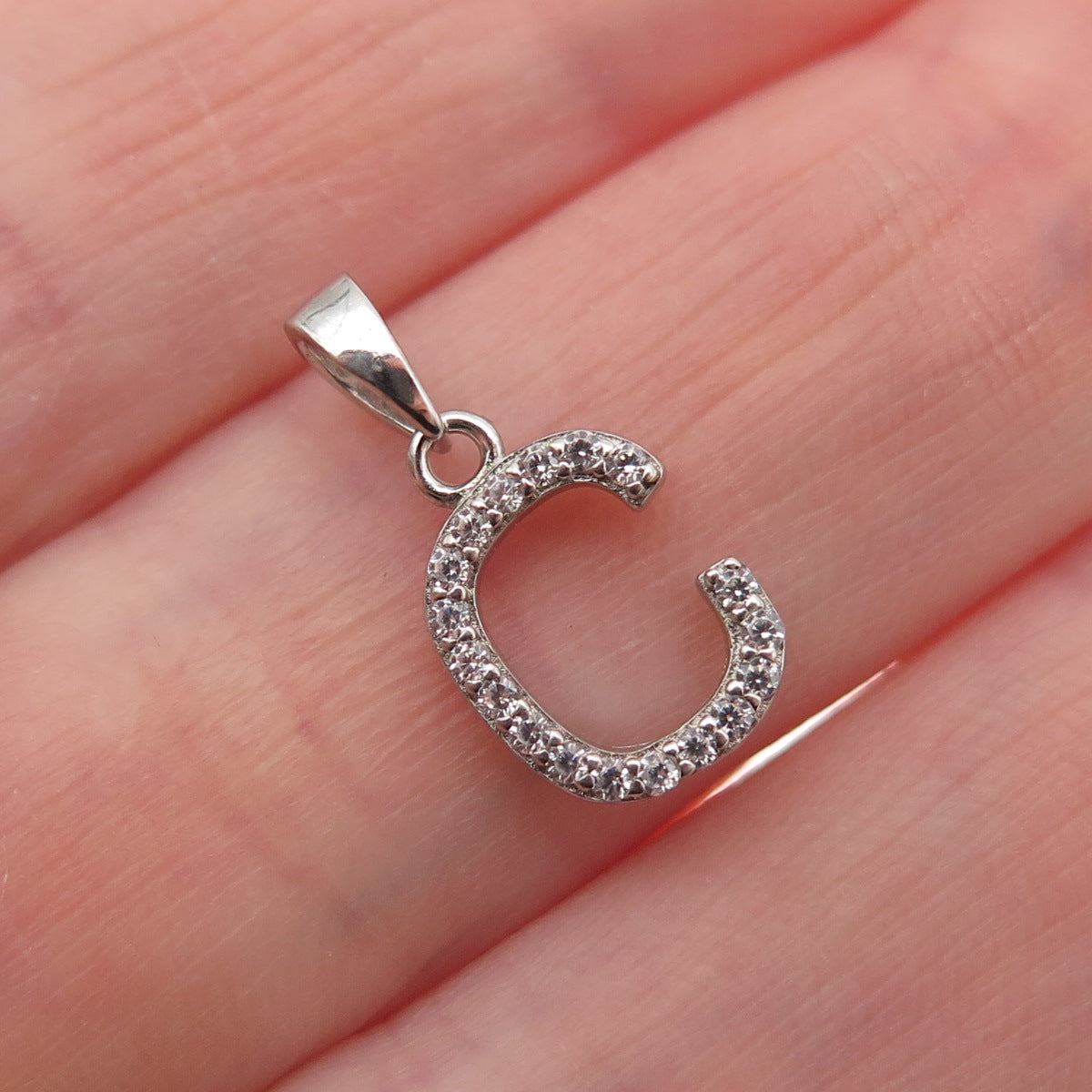 925 Sterling Silver Round-Cut C Z Letter C Initial Mini Charm Pendant