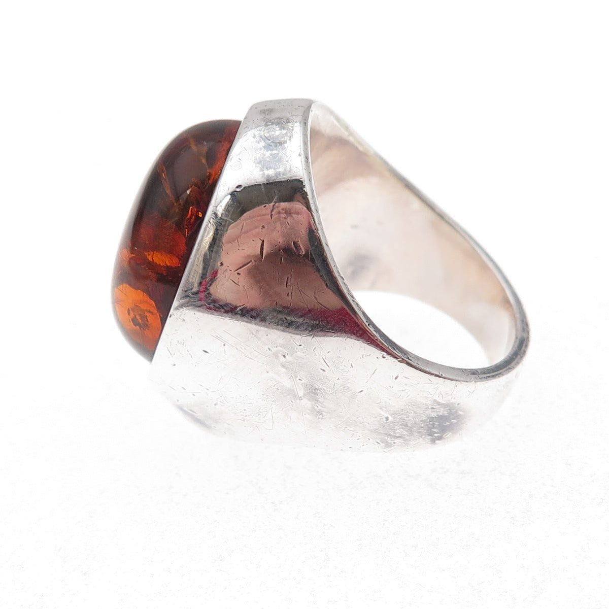 925 Sterling Silver Vintage Real Amber Modernist Oxidized Ring Size 9.25