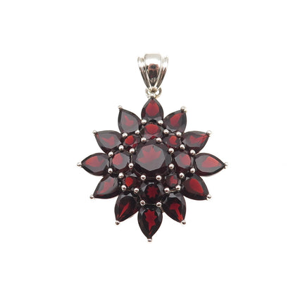 925 Sterling Silver Vintage Real Red Garnet Floral Charm Pendant