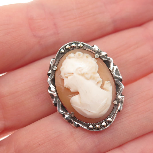 800 Silver Antique Art Deco Real MOP & Marcasite Lady Cameo Pin Brooch / Pendant