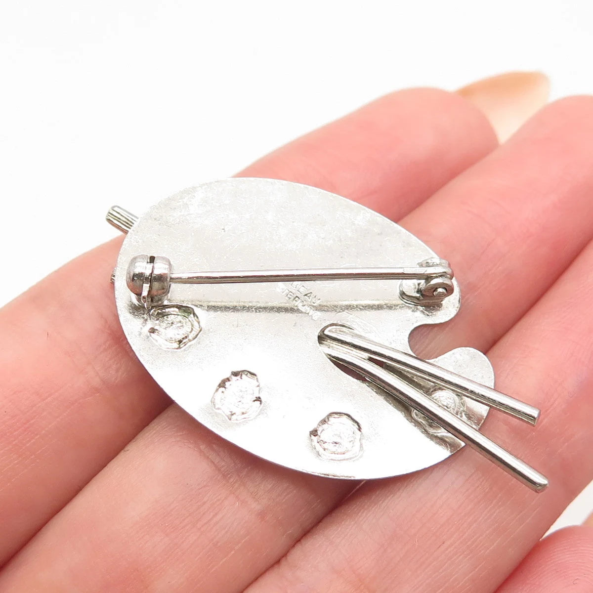 925 Sterling Silver Vintage BEAU Yellow Enamel Artist Palette & Brushes Brooch