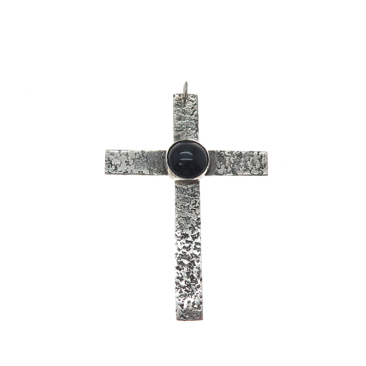 925 Sterling Silver Vintage Real Black Onyx Nugget Cross Oxidized Pendant