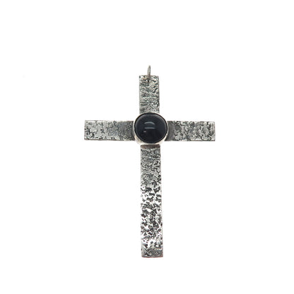 925 Sterling Silver Vintage Real Black Onyx Nugget Cross Oxidized Pendant